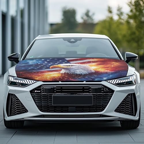 Image of Renewold Eagle American Flag Flame Car Hood Cover Protector Hood Covers for Cars Hood Wrap Blanket Women Men Automotive Exterior Accessories Decor for Most Sedan Small SUV Truck