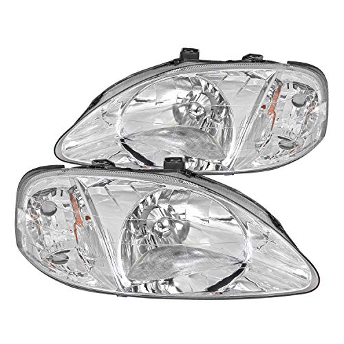 Spec-D Tuning Jdm Chrome Housing Clear Lens Headlights Compatible with Honda Civic Ek Ex Lx Si 1999-2000 L+R Pair Head Light Lamp Assembly