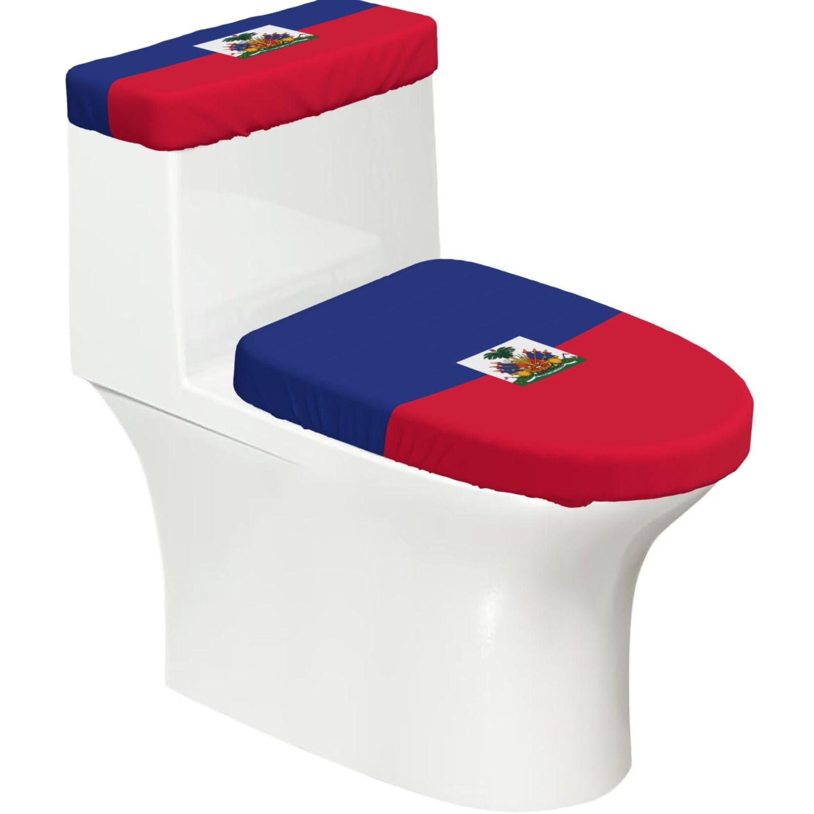 Haitian Flag Elastic Toilet Cover Set of 2-Stretchy Lid and Tank Covers for Bathroom, Soft Washable U Shape Toilet Decor