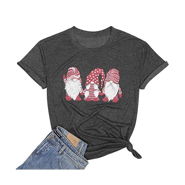 Christmas Gnome T Shirt Women Funny Graphic T-Shirt Gnomes Tee Short Sleeve Tops Holiday Clothes Red Grey