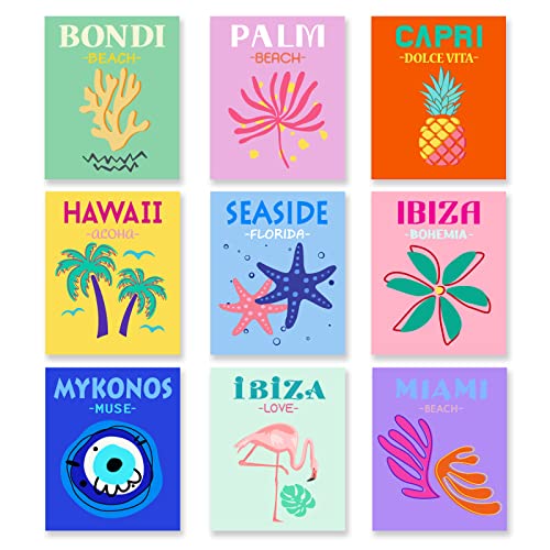 SUPERDANT 9PCS Couleur Affiches Decoration Murale Décoration Murale Plage Paysage sans Cadre Impressions sur Toile Esthétique Preppy Chambre Décor Mur Art Collège Dortoir Ouverture de L'école