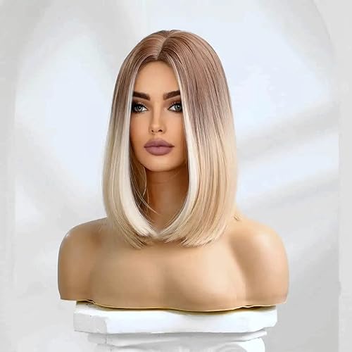 Ishine Medium Length Honey Blonde Bob Wigs, Omber Platinum Blonde Wigs For Women, Natural Looking Middle Part Synthetic Wig, Hair Replacement Highlight Wigs For Daily Cosplay Party Halloween Costume 14 Inch #TOP2