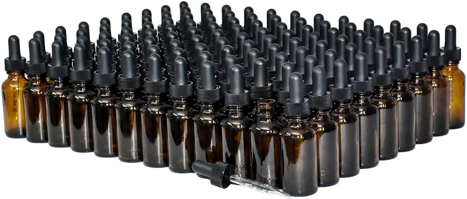 (Pack of 108) 1 oz. Amber Boston Round with Black Graduated Glass Dropper