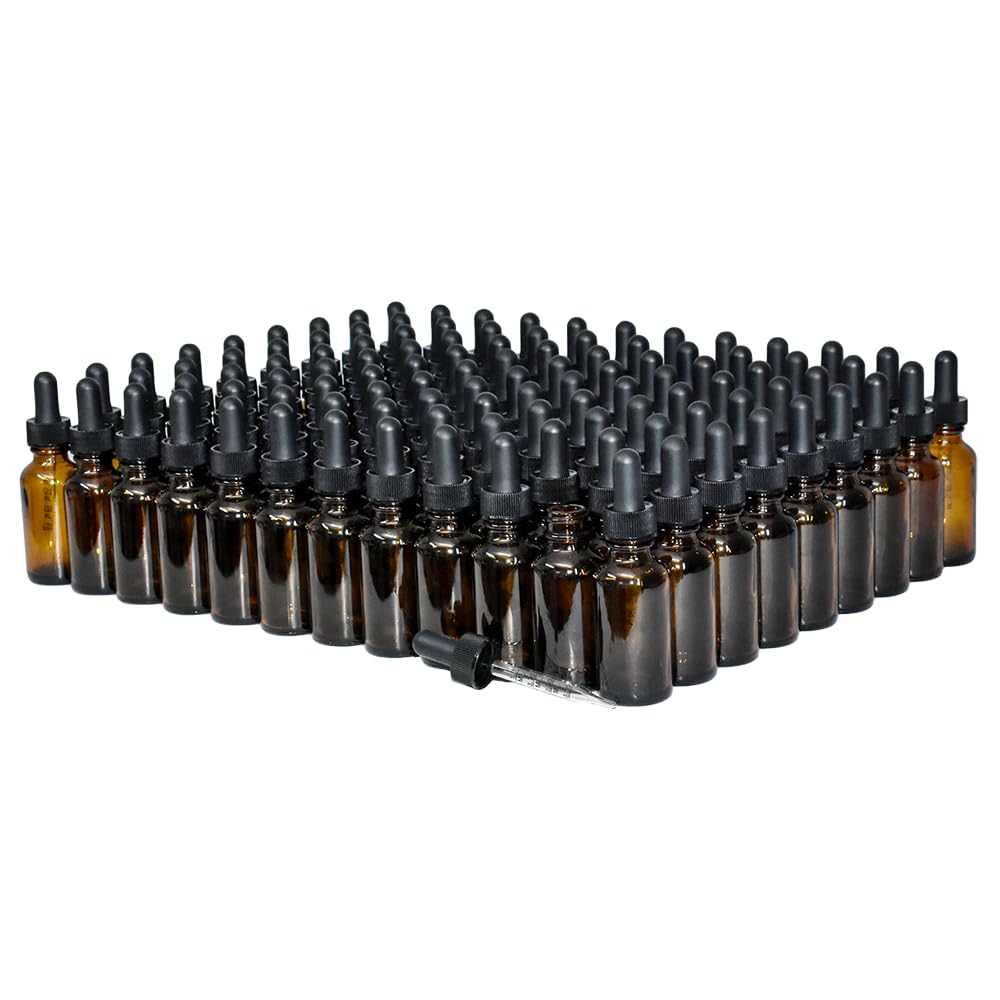 (Pack of 108) 1 oz. Amber Boston Round with Black Graduated Glass Dropper