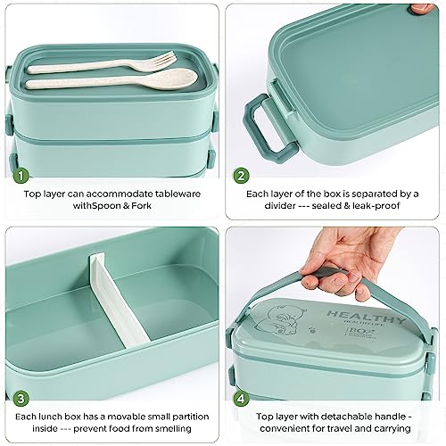 Image of 2700ml 3 Layer Bento Box with Fork & Spoon, 4-in-1 Lunch Box for Adults, Meal Prep Container Food Storage Box for Men Women Student School Office, Microwave Dishwasher Safe Available (Lake-Blue)