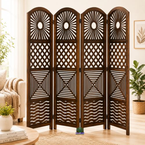 Image of Wooden Room Divider Partition for Living Room | Foldable 4 Panel Decorative Privacy Screen Separator for Home, Office & Bedroom | Modern (Dark Brown)