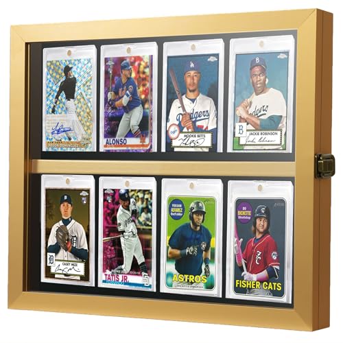 Baseball Card Display Case, 8-Slot Graded Card Display with Lockable Graded Card Wall Display with HD Tempered Glass for Sports and Pokemon Cards, PSA Slab Display Frame for Wall, Gold