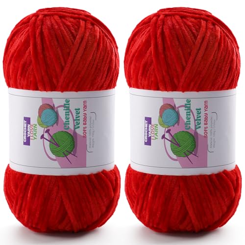 Image of Chenille Velvet Yarn for Crocheting, Red Fuzzy Fluffy Yarn for Crochet