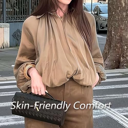 Balloon Sleeve Jacket, Casual Outerwear, Women's Puffed Bomber Jacket, Collar Zip Front Pleated Shirts2