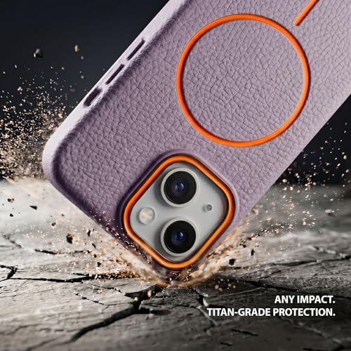 Image of amazon basics Luxury MagSafe Compatible Leather Texture Back Cover for iPhone 13 | Raised Camera Protection | Slim Fit Shockproof Case with Metallic Accents (Purple)