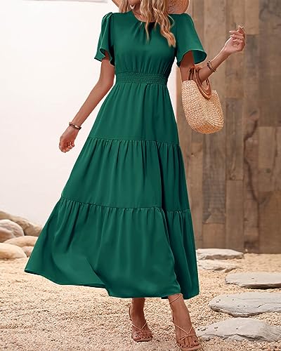 Image of PRETTYGARDEN Women's Casual Smocked Boho Floral A-Line Maxi Dress 2026 | Summer Short Flutter Sleeve Crewneck Tiered Long Sundress,Fall Wedding Guest Dresses,Spring Cute Flowy Beach Vacation Clothes