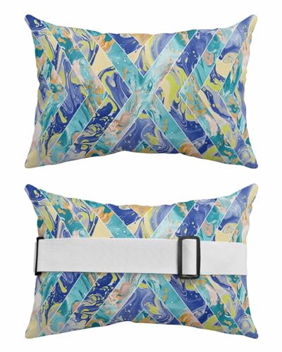 Outdoor Chaise Lounge Head Pillow, Geometric Marble Soft Lumbar Pillows with Elastic Straps and Insert, 2 Pack Contemporary Art Teal Yellow Blue Headrest Cushion for Patio Pool Beach 11
