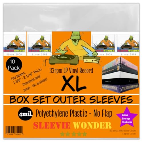 XL Box Set Sleeves (10) No Flap 4mil Thick Strong Polyethylene Plastic for 33rpm LP Vinyl Record Album Boxset (+1 Free Dj Sticker)