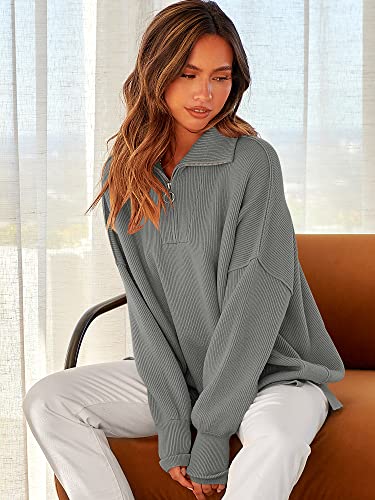Image of ANRABESS Womens Oversized Quarter Zip Pullover Sweaters | Fall Fashion Outfits, Long Sleeve Slit Side, Baggy Loose Fit, 1 /4 Zip Lapel Collared, Ribbed Knit Soft Warm Winter Clothing