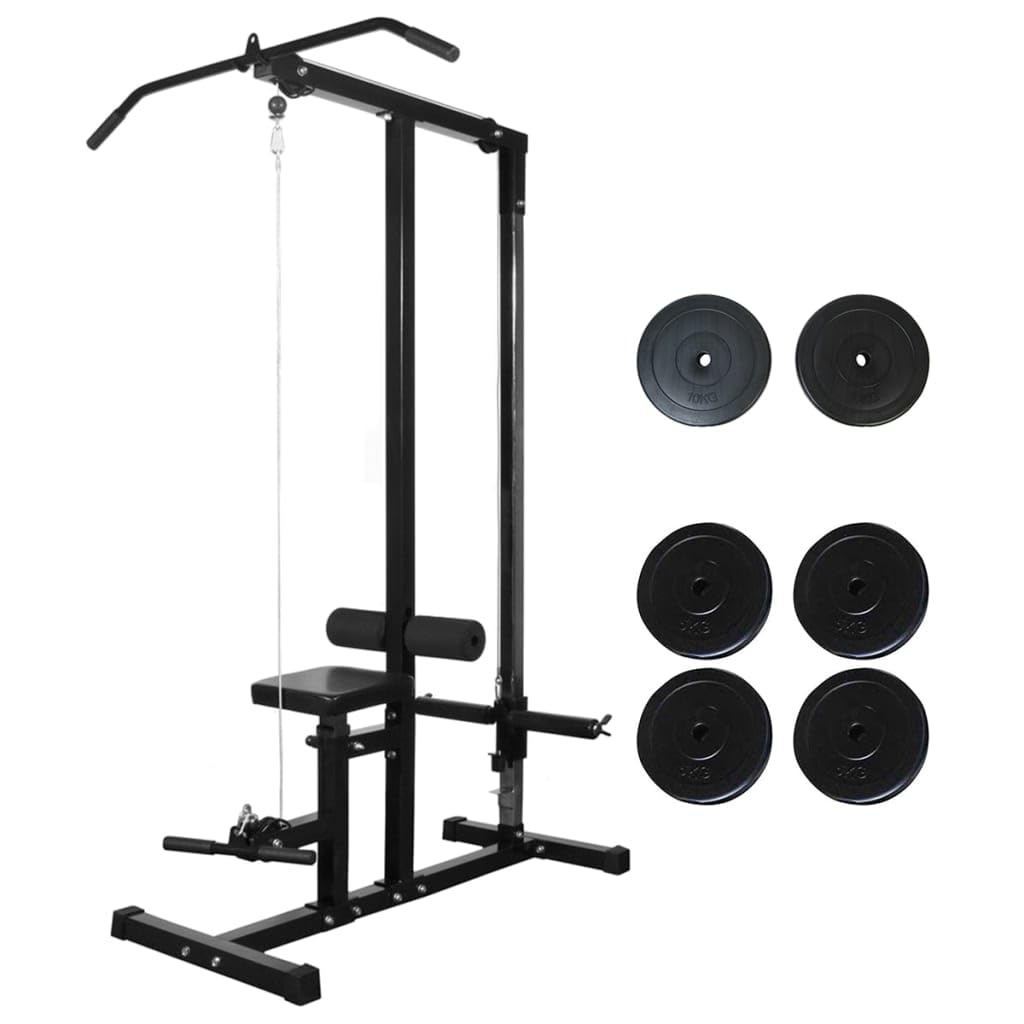 Estación de fitness con discos de peso de 40 kg, torre de fuerza para entrenamiento de fuerza y desarrollo muscular, torre de tracción con cable, curler de piernas, barra de seguridad