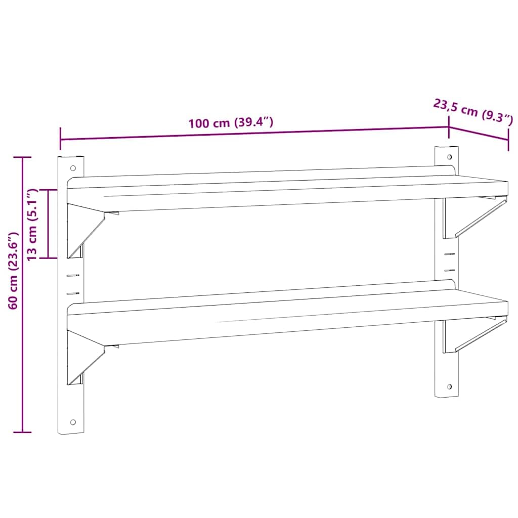 Estantería de pared de 2 pisos de acero inoxidable plateado, 100 x 23,5 x 60 cm, estante flotante que ahorra espacio con bordes elevados para cocina, sala de estar y garaje