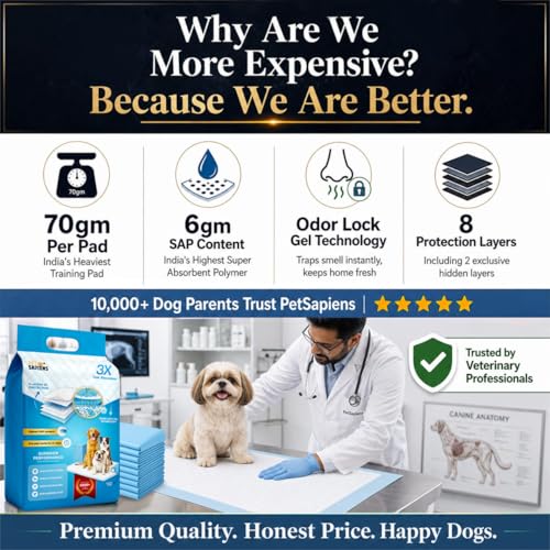 Image of PETSAPIENS India Made XL Pet Training Pee Pads (100, 60X45 cm) Dogs | Adhesive Tape | High Amount Super Absorbent Material I 8 Layers (2 Hidden) | Built in Pet Attractant | Moisture Free Zipper Pack