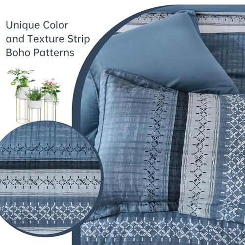 Image of Dintszyayue Navy Blue King Comforter Size Set, 8 Pieces Striped Texture Bed in a Bag Bedding Sets, Lightweight Soft Comforter and Sheet Set, All Season Microfiber Teen Boys Bedding Sets for Men Women