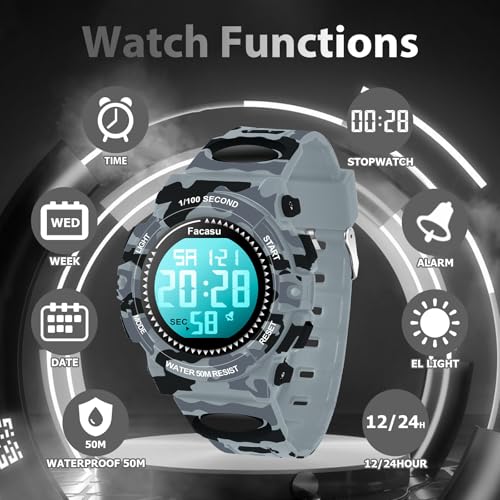 Image of Kids Watch Digital for Boys-Waterproof Kids Sports Watch with Light, Alarm&Snooze,Stopwatch Military Design Silicone Band Gift for Birthdays,Christmas Outdoor Activities(8+ Years)