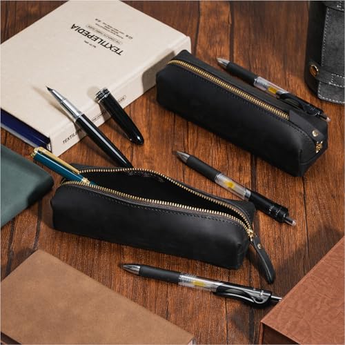 Image of ECHSRT Small Genuine Leather Pencil Pouch for Adults, Black | Crazy Horse Leather Finish, Compact Writing Instrument Storage