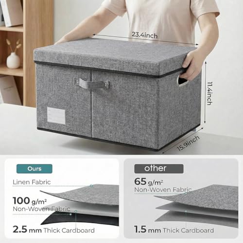 Image of PRANDOM Storage Bins with Lids [3-Pack] Linen Fabric Foldable Storage Boxes Organizer Containers Baskets Cube with Cover for Bedroom Closet Office Grey(23.4X15.9X11.4)