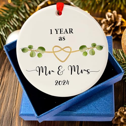 Image of First Wedding Anniversary Ornament 2024 - Handcrafted Round Ceramic Mr. & Mrs. Keepsake - Romantic 1 Year Married Ornament for Couples - First Christmas Married Gift - 2024 Holiday Home Decor