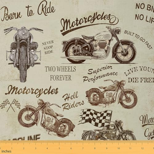 Feelyou Motorcycle Fabric by The Yard, Vintage Extreme Sports Theme Upholstery Fabric for Chairs and Home DIY Projects, Classic Motorbike Decorative Waterproof Fabric, 1 Yard