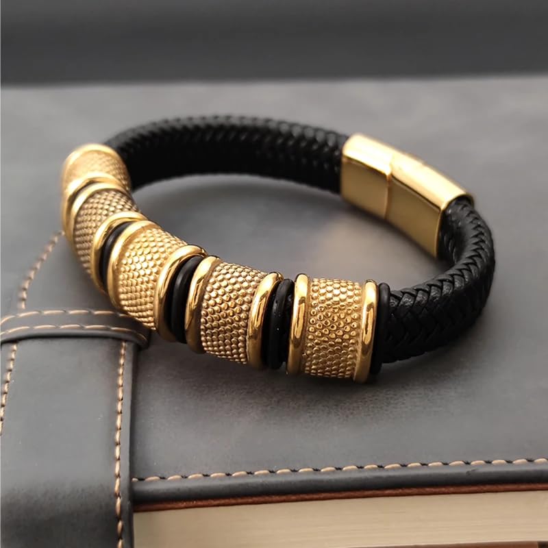 Image of THE MEN THING Leather Bracelet for Men - American Style Genuine Leather Multi-Layer Braided Bracelet with 100% Stainless Steel Magnetic Buckle for Men & Boys (8 inch)