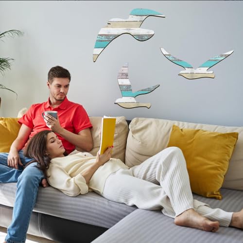HINGTAI 3Pcs Wood Seagull Beach Wall Decor, Wall Art Beach Decorations Nautical Self-adhesive Seagull Decorations Coastal Themed Decors, Beach Seagull Ocean Decorations for Home Bedroom Living Room - Image 5