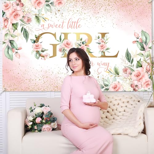 Avezano Girl Baby Shower Backdrop Pink Floral Sweet Baby Baby Shower Banner A Sweet Little Girl is on Her Way Party Decorations Banner 70.8 x 43.3 Inch by Avezano - Used condition - Image 8