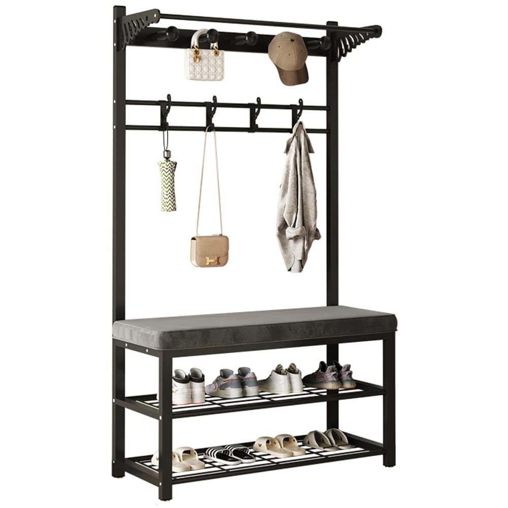 MYUYEE Coat Rack With Shoe Storage Bench, Heavy Duty Clothes Rail With 9 Hooks For Hallway Entryway Living Room, Metal Frame, Maximum Load 100Kg, Black 100X33X170Cm(60X33X170Cm)