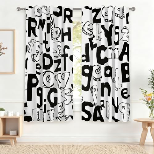 Renaiss Cortinas de ventana de 42 x 63 pulgadas en blanco y negro con letras en inglés ABC para dormitorio, estudio, sala de juegos, decoración de dormitorio, sala de juegos, bolsillo para barra,