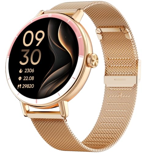 TOOBUR Reloj Inteligente Mujer Redondo con Dos Correas, 40 mm Smartwatch Deportivo Que Cuenta Pasos y Calorías, Compatible con Android e iOS, Responder y Realizar Llamadas, IP68 Impermeable, Oro Rosa