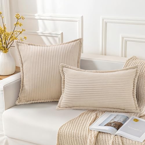 Mecatny Corduroy Throw Pillow Covers 22x22 Set of 2, Neutral Decorative Soft Boho Couch Pillow Covers with Broadside for Sofa Living Room, Beige