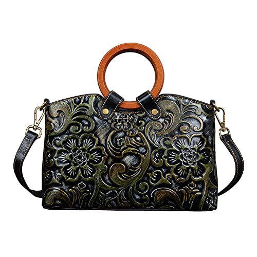 Damen Quadratische große Handtaschen mit Retro-Prägung PU-Leder Schultertasche Umhängetasche mit Griff oben Laptop-Einkaufstasche Bucket Umhängetaschen mit Fächern Grün