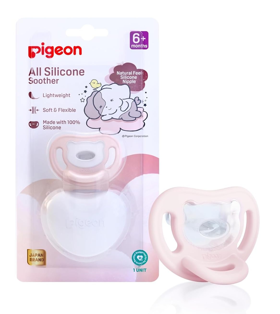 Pigeon All Silicone Baby Soother with Storage Case | Soft Natural Feel Silicone Nipple | Orthodontic Angled Design for Natural Tongue Movement | Lightweight BPA Free Soother for Newborns & Infants (PINK, L)-image-1