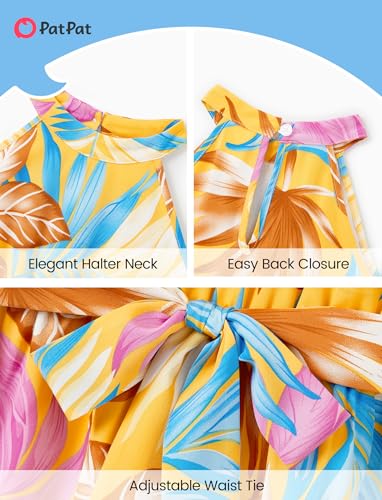Image of PATPAT Family Hawaiian Matching Outfits - Mommy and Me Vacation Outfits | Halter Sundresses and Button Down Shirts,Caribbean Vacation Summer Tropical Outfits,Hawaiian Boho Tropical Floral Printed
