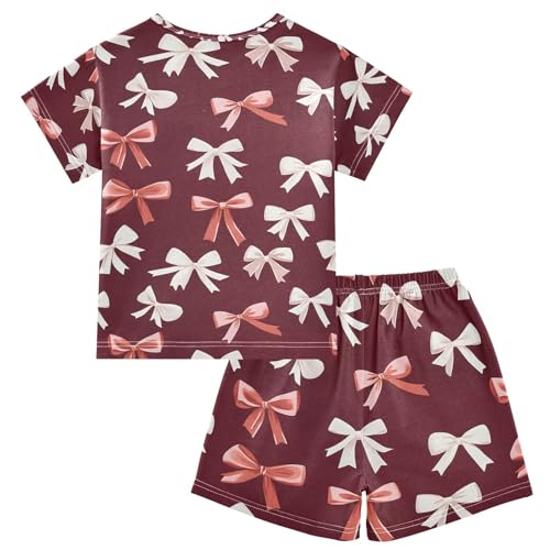 ALAZA Red White Bow Pajamas Set Short Sleeve Cotton Sleepwear Summer Pjs 2 Piece 5-14Y2