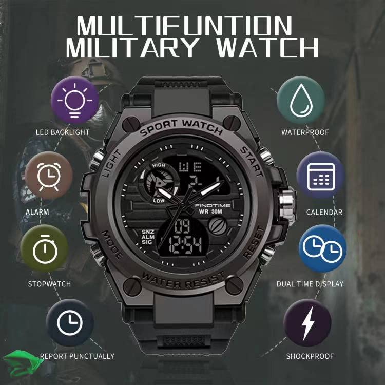 findtime Montre militaire pour homme - Montre de sport numérique - Étanche jusqu'à 5 ATM - Réveil - Chronomètre - Calendrier - Compte à rebours - Date, a-noir, bracelet