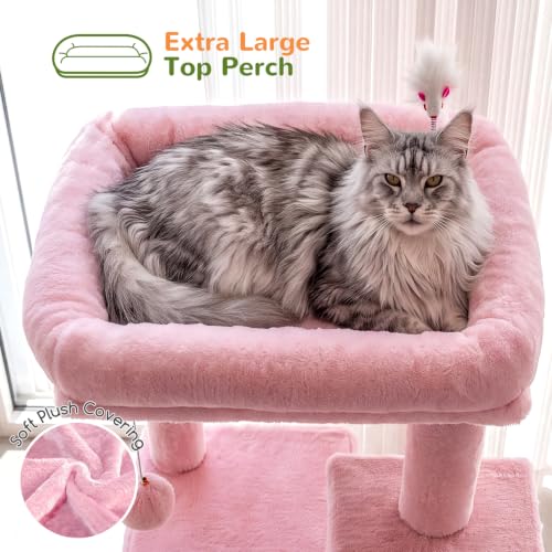 Image of Globlazer Cat Tree Tower for Indoor Cats, 50-inch Adult Cat Tree House for Large Adult Cats with Steps, Scratching Post, 2 Cat Caves, Dangling Toys, FC50, Pink