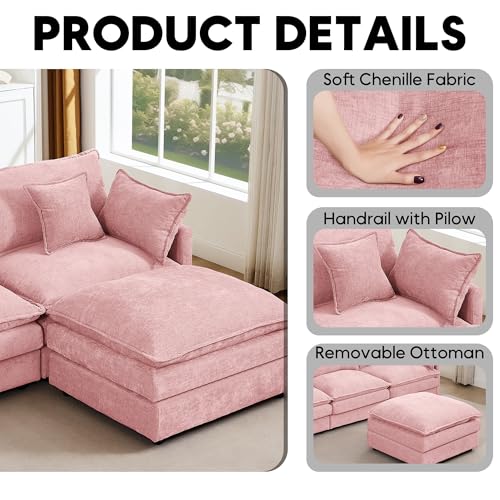 Image of 102 inch L Shaped Modular Sectional Sofa, Comfy Upholstery Chenille Cloud Couch with Ottoman, Modern 4-Seat Deep Seat Sofa with Pillow for Living Room, Bedroom, Apartment, Pink