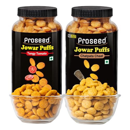 Image of Proseed Jowar Puffs (Chatpata Chaat & Tangy Tomato) | 150g x 2 Packs (Total 300g) | Slow Roasted & 100% Veg | No Refined Flour, Sugar & Trans-Fat | Gluten Free | No Palm Oil | Healthy Millet Snacks