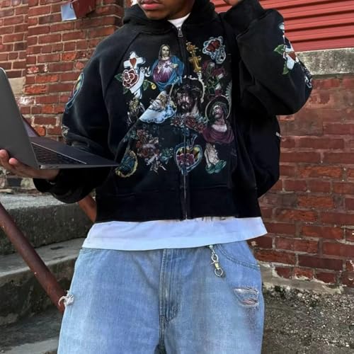 Grunge Vintage Clothes Y2k Zip Up Hoodie Streetwear Men Women Graphic Oversized Rapper Hooded Sweatshirts2