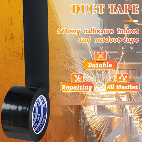 Image of ZOMPAGO Black Duct Tape Heavy Duty, 1.8in x 164FT, Tearable Strong Adhesive Waterproof Seal Tape for Indoor Outdoor Use, Multi Purpose for Packaging, Bundling, Repairs, Carpet Seaming, Crafts