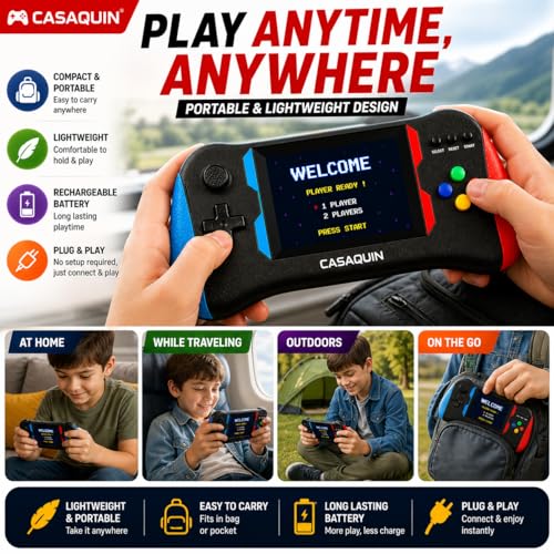 Image of Casaquin X7M Retro Video Game Console, 500 in 1 Games, Handheld Console with TV Output, Dual Controllers, 2 Player Gaming System, Portable for Kids and Family, Black, Standard Size