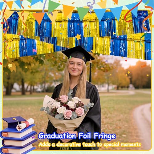 Image of 4 Pack 10 Feet Graduation Parade Floats Foil, Royal Blue Gold Fringe Garland Tinsel Streamers Banner Fringe Curtain Banner for Graduation Homecoming Birthday Party Decorations (Royal Blue, Gold)