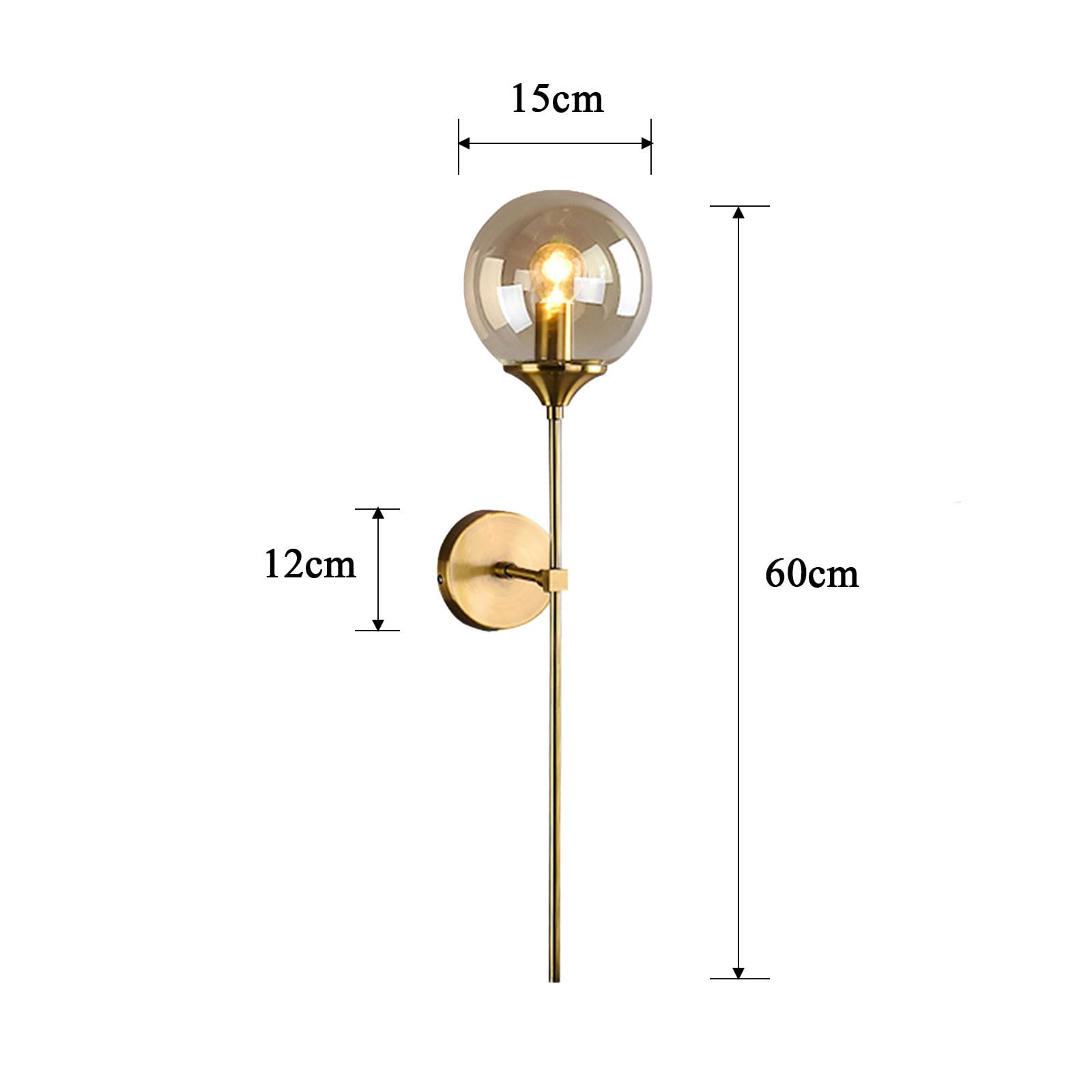 Aplique de pared vintage industrial montado en la pared, globo de vidrio ámbar con brazo largo, lámpara de pared dorada para mesita de noche (ámbar)