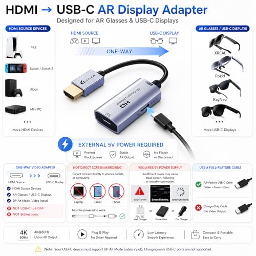 Image of Guermok HDMI to USB C Video Display Adapter, 4.9ft AR Glasses Hub, 4K@60Hz HDMI Male to USBC Female for XREAL One /Air 2Pro /RayNeo /Rokid, Switch 2 /1, Xbox1, PS4 /5, Portable Monitors, Silver