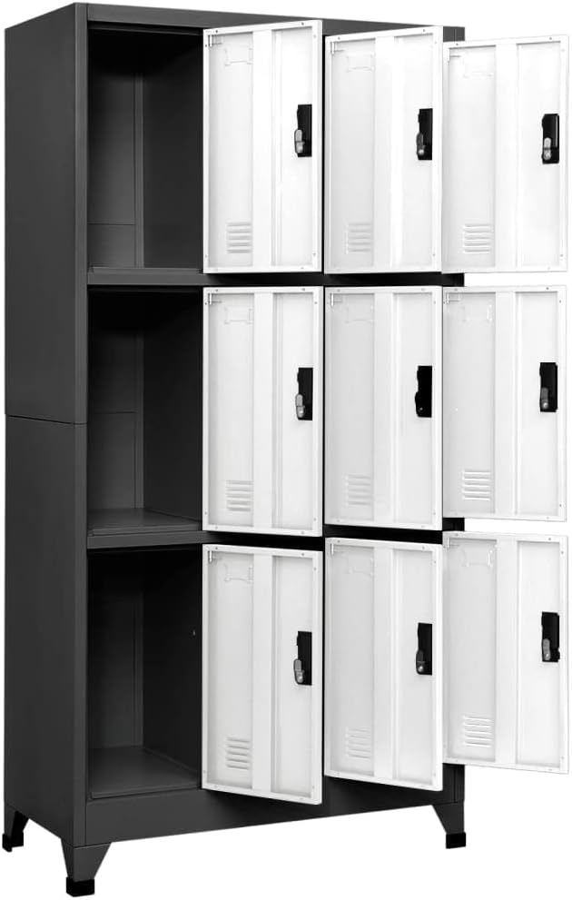 View of the locker cabinet with some doors open, showing the interior compartments.