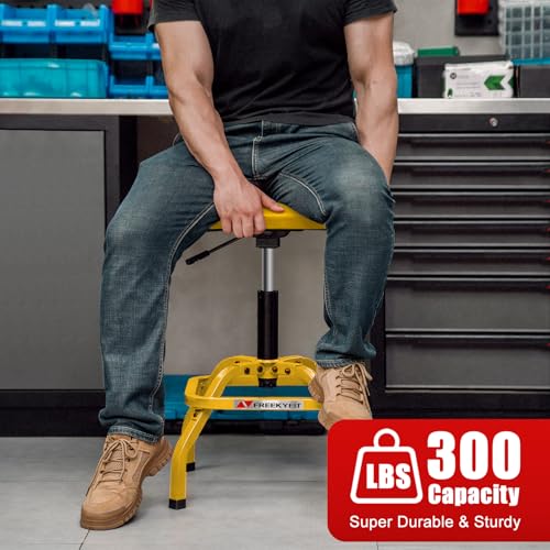 Image of Shop Stool with Backrest, Mechanic Garage Stool for Workshop, Adjustable Shop Stools Chair, Padded Workbench Stools for Men Women, 300 LBS Capacity, 360 Swivel PVC Seat, Heavy Duty, Yellow